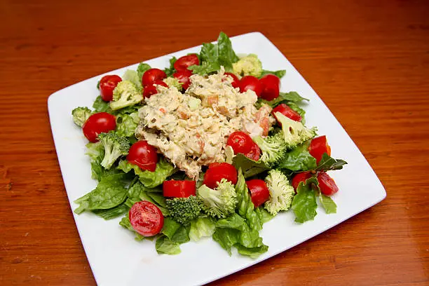 freshly made tunafish salad on a bed of Romaine lettuce with cherry tomatoes and brocolli on a white square plate
