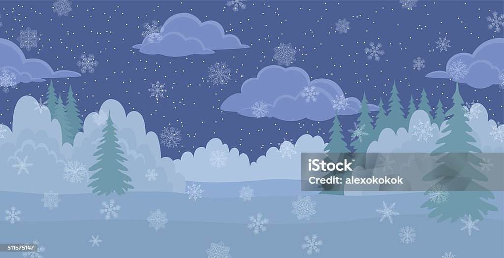 Christmas landscape, night winter forest Christmas horizontal seamless background, winter landscape, night forest with snow, white snowflakes and starry cloudy sky. Vector Backgrounds stock vector