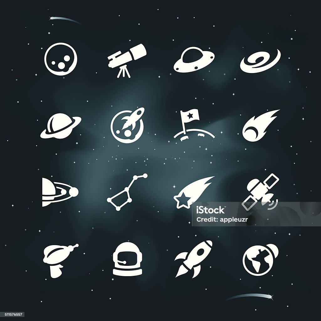 White Space Icons Space icons atop a space background. Background contains gradient mesh. Strokes and shapes on icons have been expanded and merged. Icon Symbol stock vector