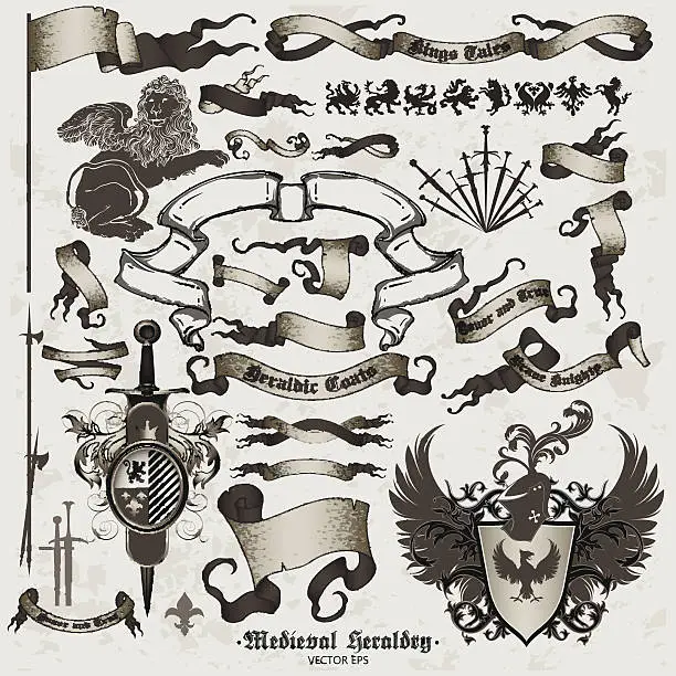 Vector illustration of set of medieval heraldry