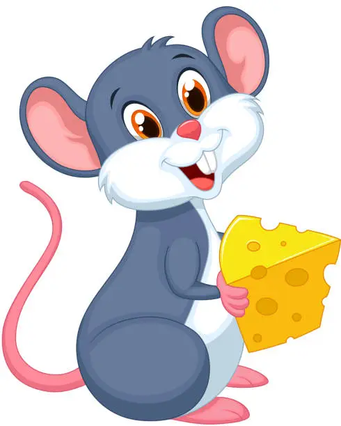 Vector illustration of Cute mouse cartoon holding a piece of cheese