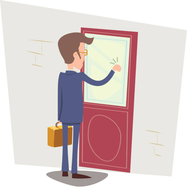 Oriented Happy Businessman with Briefcase Knocking at Customer Door on Customer Oriented Business concept Happy Businessman with Briefcase Knocking at Customer Door on Stylish Background Retro Cartoon Vector Illustration parent guide stock illustrations