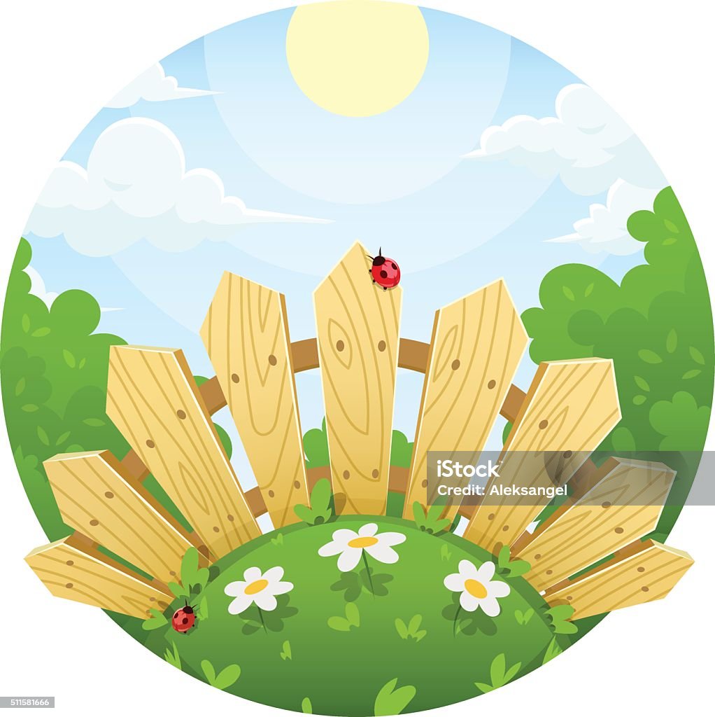 Wooden fence on lawn with flower Wooden fence on lawn with flower. Vector illustration. Isolated on white background. Transparent objects used for lights and shadows drawing Blossom stock vector