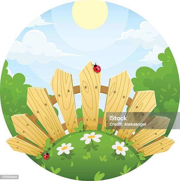 Wooden Fence On Lawn With Flower Stock Illustration - Download Image Now - Blossom, Bush, Cirrus