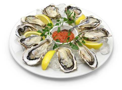 fresh oysters plate isolated on white background