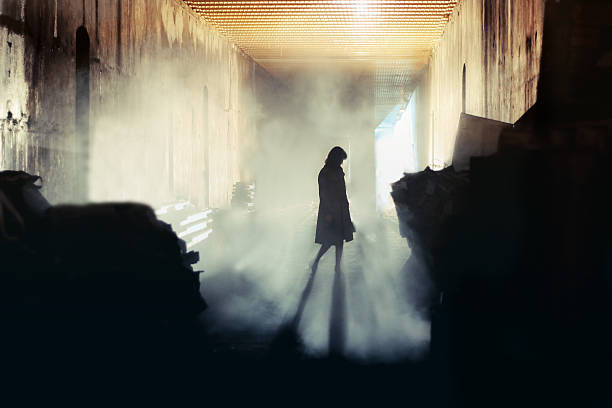 Mysterious Woman. Mystery Woman In Mist Silhouette A lone wonan stands in a misty underground tunnel film noir style photos stock pictures, royalty-free photos & images