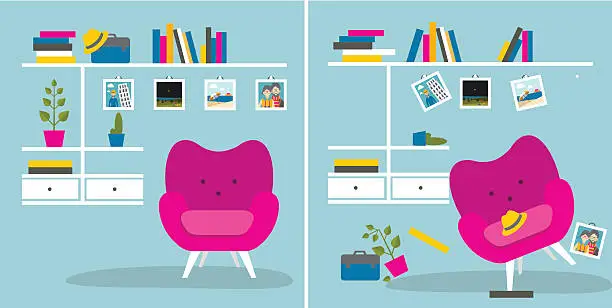 Vector illustration of Tidy und untidy room. Living room with armchair, book shelves.