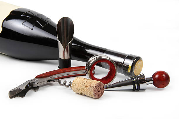 ein satz von wein-accessoires - cork wine corkscrew old stock-fotos und bilder