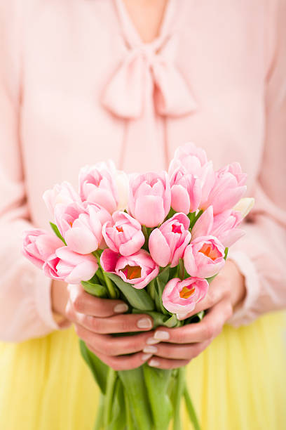 istock Bunch of tulips in woman's hands, shallow dof. 511587322