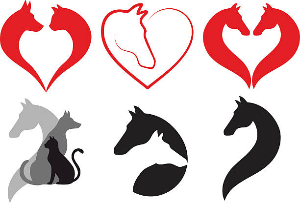 Cat, dog, horse heart, vector set Cat, dog, horse heart icons, animal love logo designs, vector set colts stock illustrations