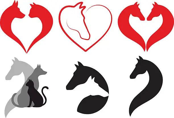 Vector illustration of Cat, dog, horse heart, vector set