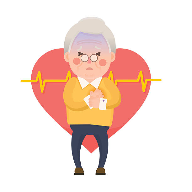 старый человек, инфаркт миокарда или боль в груди мультфильм персонаж - pain heart attack heart shape healthcare and medicine stock illustrations