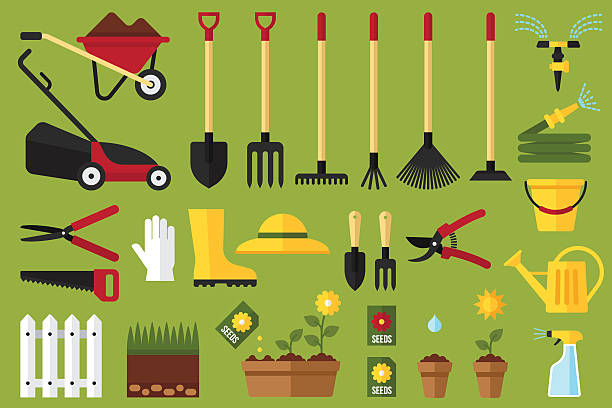 Garden icons Colorful vector set of garden icons: garden tools, equipment, planting process. Flat style. wheelbarrow stock illustrations