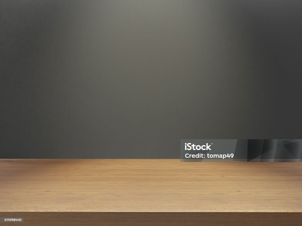 wooden desk with gray wall under light wooden empty desk mock up your product and design 3d render Table Stock Photo