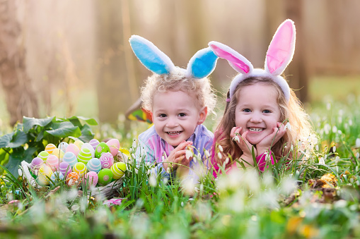 Kids on Easter egg hunt in blooming spring garden. Children with bunny ears searching for colorful eggs in snow drop flower meadow. Toddler boy and preschooler girl in rabbit costume play outdoors.