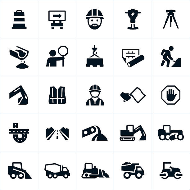 ilustraciones, imágenes clip art, dibujos animados e iconos de stock de iconos de construcción de carretera - construction machinery machine industrial equipment grader