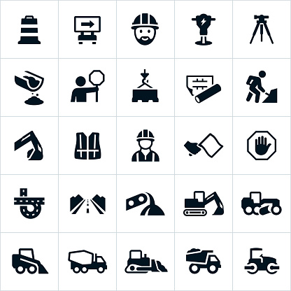 A set of icons representing the road construction industry. The icons include heavy machinery used to build roadways, the workers and engineers who design and construct them, as well as other symbols related to the industry of roadway construction.