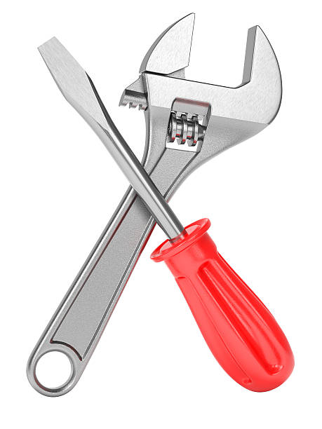 cacciavite, chiave inglese strumenti. icona di servizio. - adjustable wrench wrench clipping path red foto e immagini stock