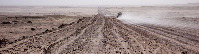 Panorama of a sand road in the Namib Desert in Namibia