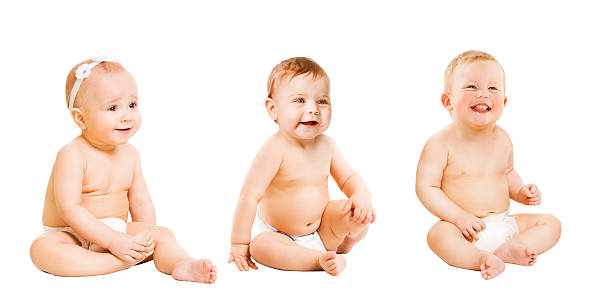istock Babies Toddlers Kids Sitting in Diaper, Active Boy Girl, White 511604502