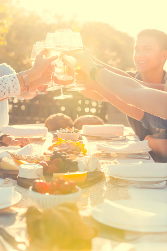Group of friends having drinks at sunset. They are celebrating with a wine toast. There is food on the table including fruit and cheese. They are smiling and happy. Lens flare