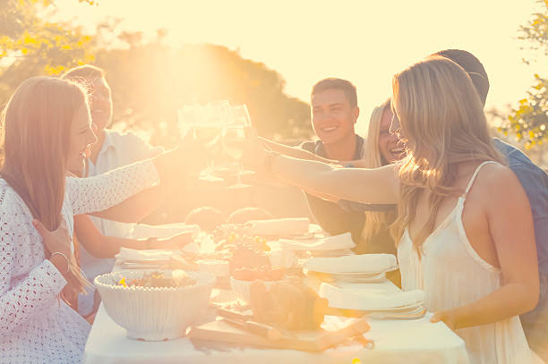 istock Group of friends having drinks at sunset. 511605292