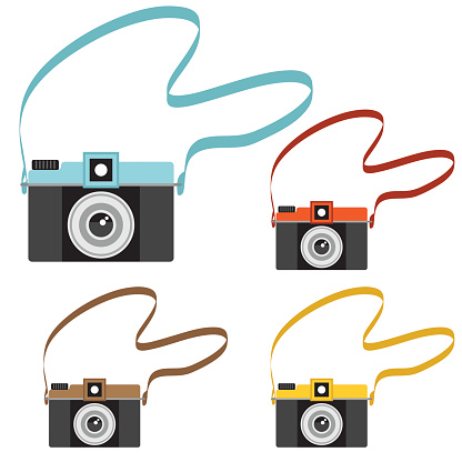 Set of cute little retro styled cameras with carry straps. Simplistic cartoon old fashioned cameras. Assorted colors.