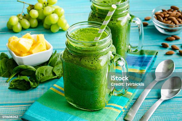 Green Spinach Kale Detox Smoothie Stock Photo - Download Image Now - Green Color, Smoothie, Pineapple