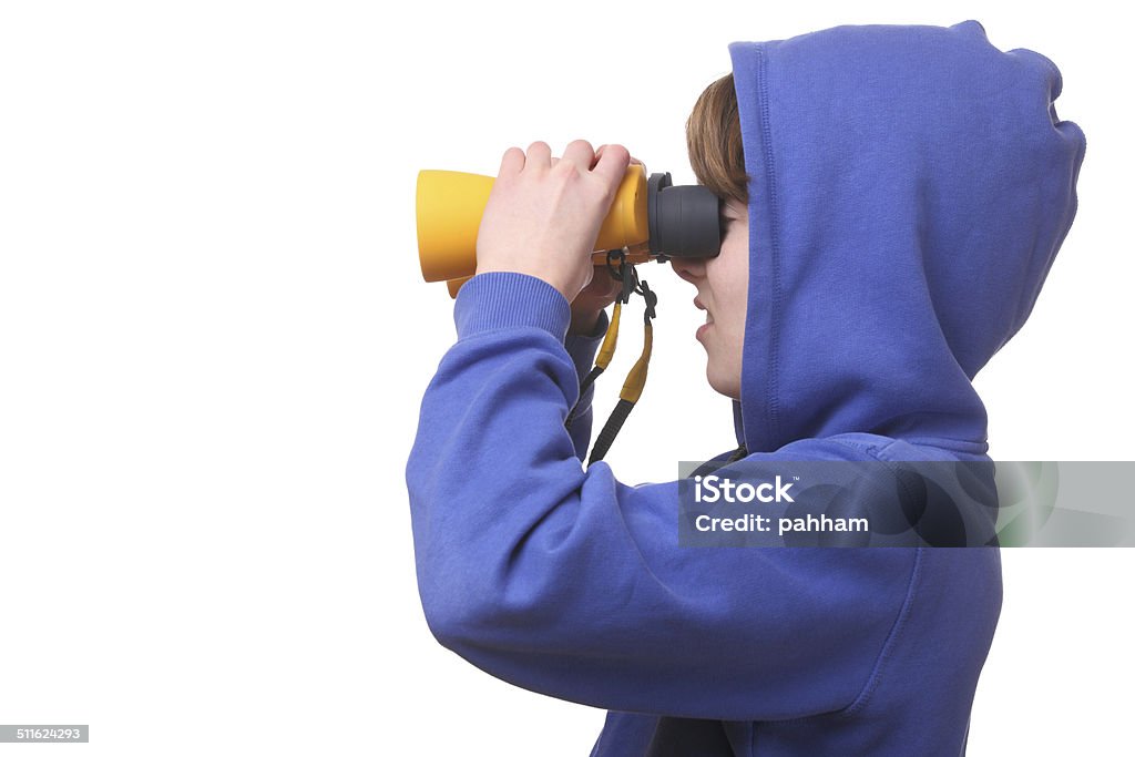 Boy with binoculars Portrait of a young boy with binoculars on white background Beauty Stock Photo