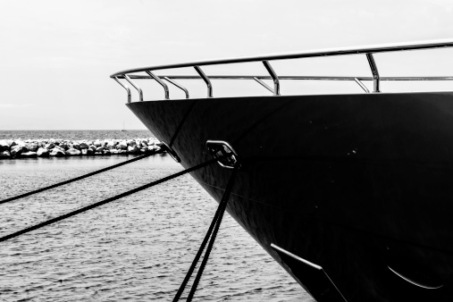 Black and white photo of yacht-close up.