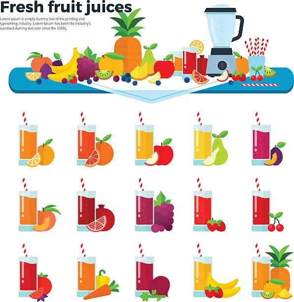 Vector illustration of Glasses with fruit juices on the table