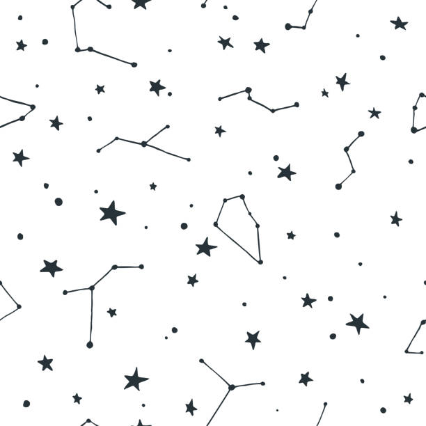 Vector Seamless Pattern with Stars and Constellations Points Vector Seamless Pattern with Stars and Constellations Points. Abstract Space Texture. Black Illustration on White Background easy black and white drawing stock illustrations