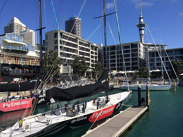 Yacht mooring in Auckland waterfront New Zealand Auckland, New Zealand - October 25, 2015: Yachts mooring at Auckland Viaduct Harbor Basin. It's a former commercial harbor turned into a development of upscale apartments, office space and restaurants. Waitemata Harbor stock pictures, royalty-free photos & images