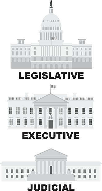 Three Branches of US Government Illustration Three Branches of United States Government Legislative Executive Judicial Buildings Grayscale Illustration government stock illustrations