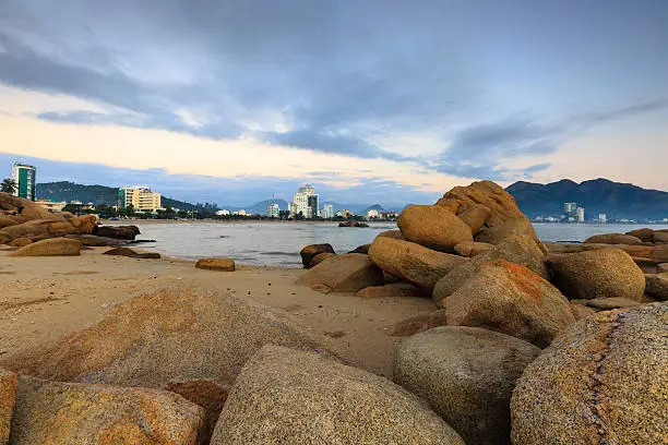 From HonChong promontery rocks look view Nha Trang city in dawn. It is Popular tourist destination at Nha Trang. Vietnam
