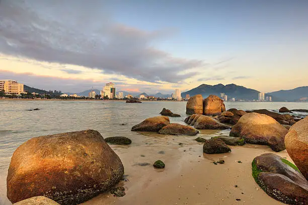 From HonChong promontery rocks look view Nha Trang city in dawn. It is Popular tourist destination at Nha Trang. Vietnam
