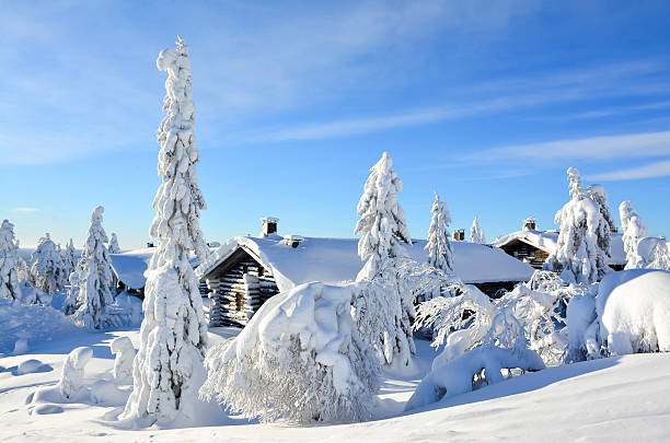 nívea las cabañas en las montañas de invierno en un día soleado - cabin snow finland lapland fotografías e imágenes de stock