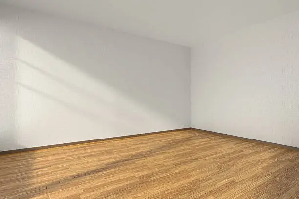 Empty room with hardwood parquet floor and walls with white textured wallpaper and sunlight from window, perspective view, 3d illustration