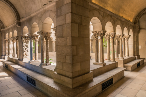 Cloister arch perspective in The Cloisters of New York City.