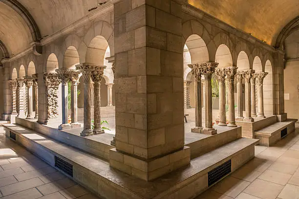 Cloister arch perspective in The Cloisters of New York City.