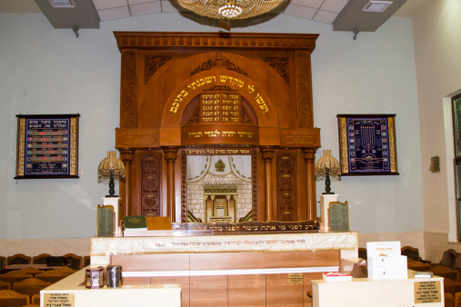 Tel-Aviv , Israel - September 8 . 2014: The interior of the synagogue Kipusit in Tel Aviv. Israel.Designated congregation and the altar.
