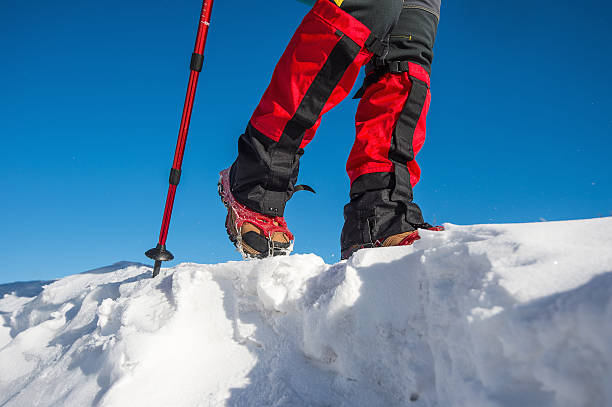 istock walking on snow with Snow shoes and Shoe spikes. 511666538