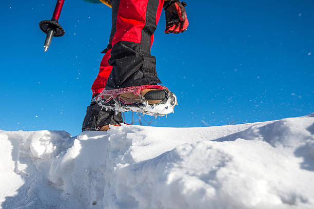 istock walking on snow with Snow shoes and Shoe spikes. 511666580
