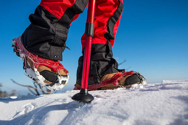 istock walking on snow with Snow shoes and Shoe spikes. 511666612