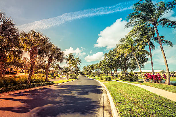 Gated community road and condominiums in South Florida