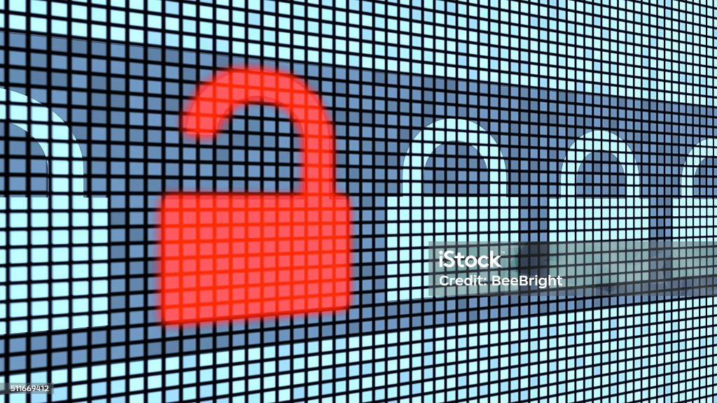 Broken lock security concept Broken red lock security concept on a wall with blue padlocks in a row composed of a rectangle pattern Data Stock Photo