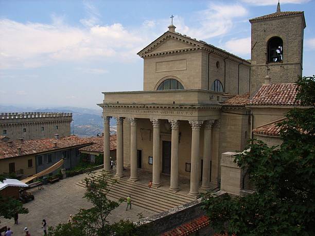 City of San Marino, Republic of San Marino, Italy - July 26, 2008: the San Marino Basilica in Piazza Domus Plebis, built in 1838 in the neoclassical style