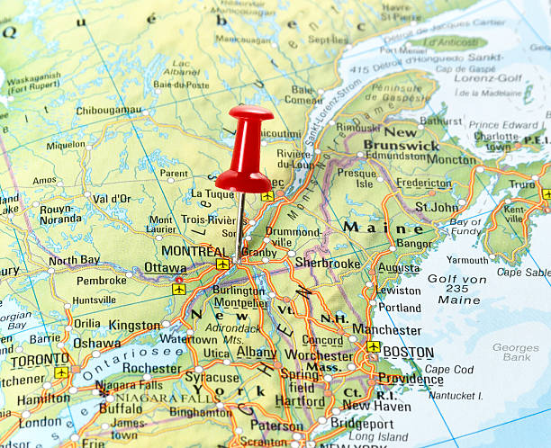 Montreal, Canada Map of Canada with pin set on Montreal. canada road map stock pictures, royalty-free photos & images