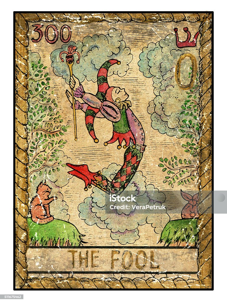 The old tarot card. The Fool The fool.  Full colorful deck, major arcana. The old tarot card, vintage hand drawn engraved illustration with mystic symbols. Man in costume of harlequin jumping through abyss. Joker and cat. Tarot Cards stock illustration