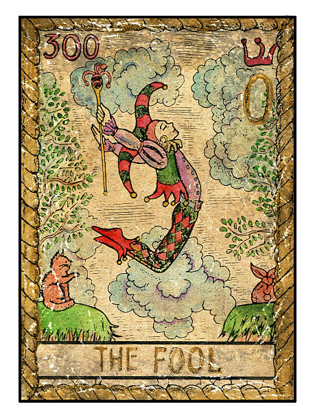 The old tarot card. The Fool The fool.  Full colorful deck, major arcana. The old tarot card, vintage hand drawn engraved illustration with mystic symbols. Man in costume of harlequin jumping through abyss. Joker and cat. fool stock illustrations